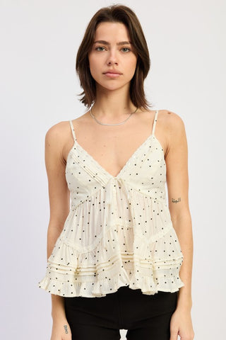 Daphne polka dot spaghetti strap top in ivory with V neck lace trim and tiered ruffle hem panels