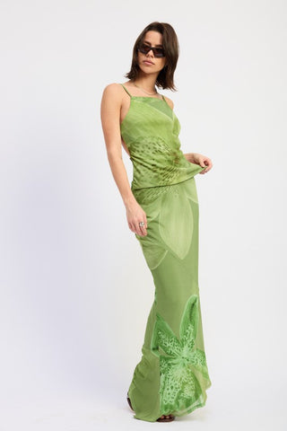 three-quarter view green macro orchid mesh open back top showing fitted silhouette and tonal botanical print