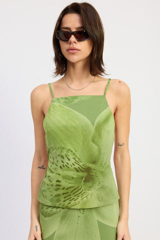 Eden sleeveless open back top in botanical print mesh, tonal green macro orchid, spaghetti straps, open back