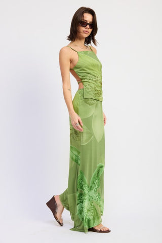 side view tonal green botanical print mesh cami top with matching mermaid maxi skirt co-ord, sleeveless open back