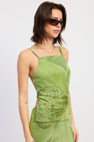 back view tonal green botanical mesh open back top showing open back construction and spaghetti strap detail