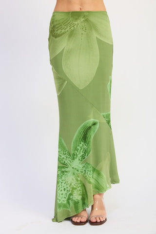 back view tonal green orchid mesh mermaid maxi skirt showing mermaid flare and macro botanical print from behind