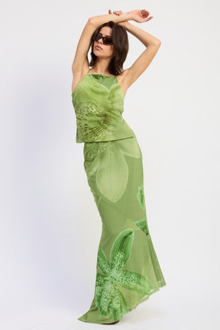 Eden botanical print maxi mermaid skirt in tonal green macro orchid, mermaid silhouette from hip to floor, worn as co-ord set