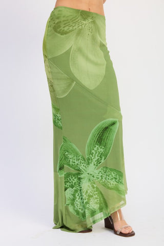 front view tonal green botanical print mesh maxi mermaid skirt showing full length and fitted silhouette