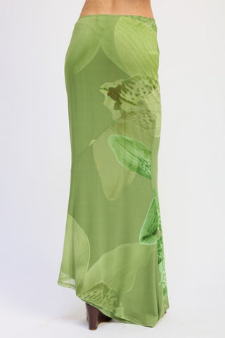 waist detail green orchid botanical mesh mermaid skirt showing elasticized waist and orchid print scale at hip