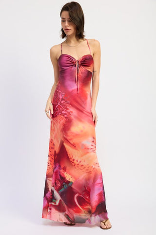 close-up ruched sweetheart bodice with drawstring tie on floral halter maxi dress pink multi botanical print