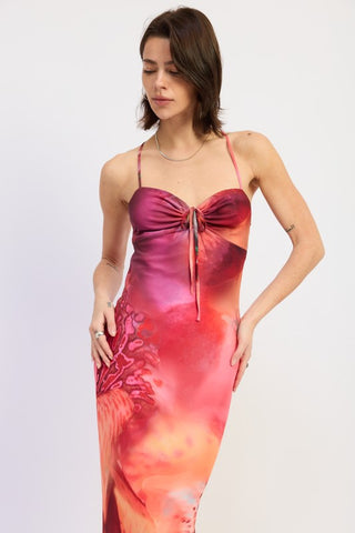 full length front view floral halter maxi dress botanical placement print, pink multi, ruched tie neckline