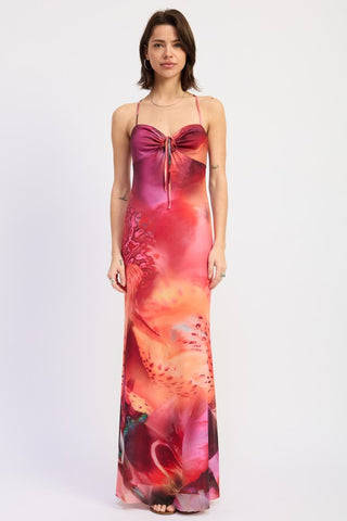 side view tropical halter maxi dress in pink multi botanical print, floor length flowing mesh skirt