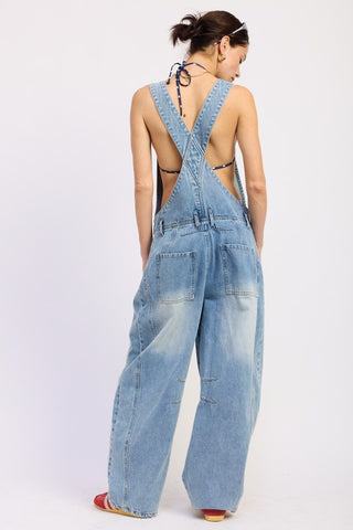 detail star embroidery barrel overall showing tonal star embroidery on denim bib and strap construction