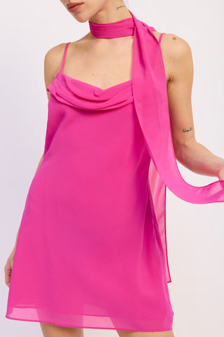 front view Cleo chiffon mini dress in magenta with floating scarf panel construction visible at shoulder
