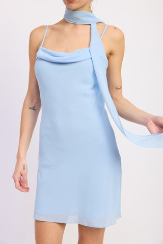 Cleo chiffon mini dress in magenta and baby blue alternate styling view with attached scarf panel drape