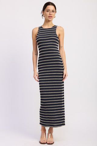 front full view navy cream stripe ribbed bodycon maxi dress model with clear heeled sandals