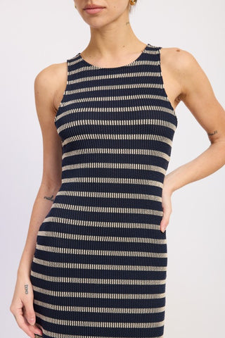 close-up upper body ribbed bodycon maxi dress showing wide horizontal rib knit texture and crew neckline detail