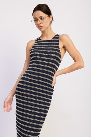 side view navy cream stripe ribbed maxi dress showing fitted bodycon silhouette and floor length