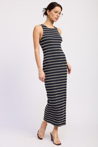 back view navy cream stripe ribbed knit maxi dress showing racerback-style armhole cut and fitted silhouette