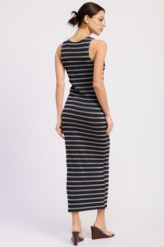 detail shot wide horizontal stripe rib knit texture close-up on ribbed bodycon maxi dress navy cream