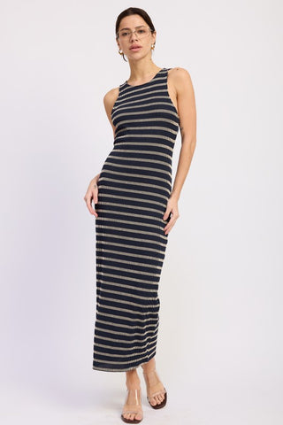 Nora stripe ribbed bodycon maxi dress in navy cream, full front view floor length sleeveless bodycon fit
