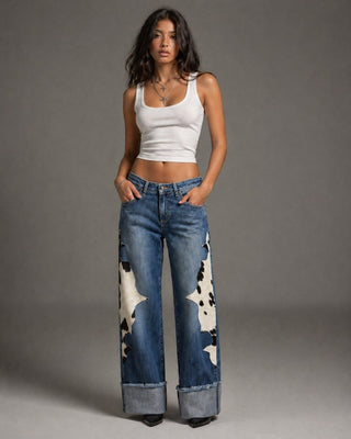 Dakota western wide leg jeans faux cowhide leather panel inserts medium wash low rise