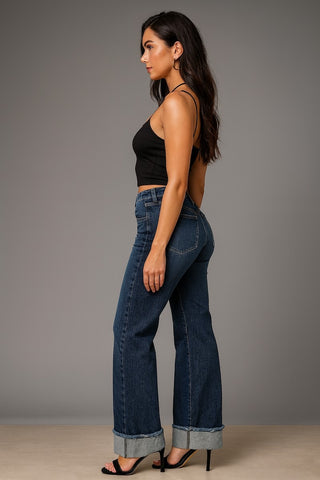 Side profile y2k wide leg jeans low rise bold cuff Monterey wash LA made