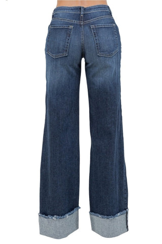 Detail view oversized fold-over cuff Monterey wash wide leg jeans GJG Denim