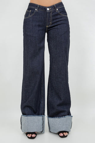 dark wash wide leg jeans three quarter view model black mule full length