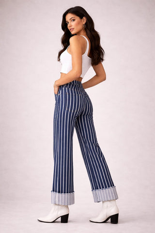 Close detail woven stripe dark wash low rise jeans GJG Denim contrast stripe