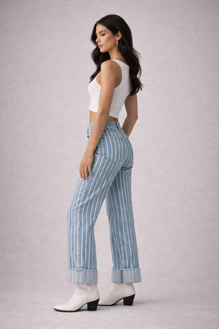 wide leg stripe jeans back view GJG contoured pockets light wash wide leg
