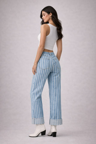 Side profile striped wide leg jeans light blue denim floor length low rise