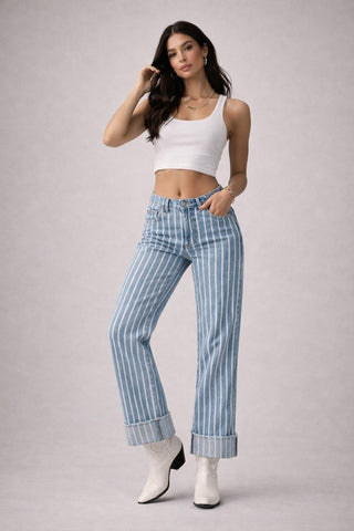 Close detail woven stripe light wash wide leg jeans GJG Denim contrast stripe