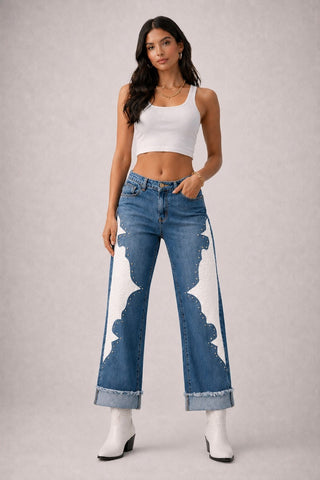 Valentina patchwork wide leg jeans white croc vinyl panels silver stud outline medium blue denim
