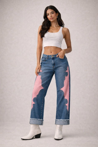 Cali pink wide leg jeans pink crocodile vinyl panels silver stud outline medium blue denim
