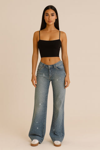 Mia light wash rhinestone flare jeans handcrafted LA GJG Denim low rise relaxed flare