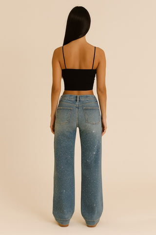 Close detail rhinestone embellishment light wash flare jeans GJG Denim Los Angeles
