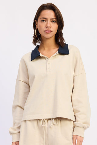 Scout contrast collar polo crop top in cream with navy contrast polo collar, ribbed cuffs, French terry, slightly cropped
