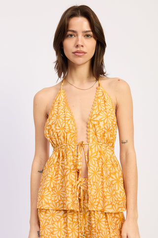 Cleo Daisy Print Lace Trim Halter Peplum Top