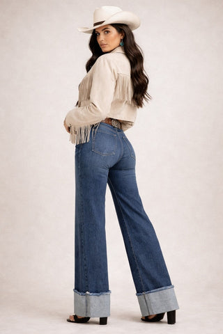 Front view relaxed wide leg jeans clean construction American denim cuffed