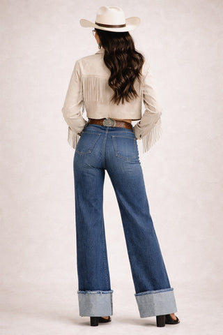Side profile relaxed wide leg jeans GJG Denim USA cuffed hem low rise waist