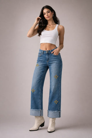 Amber crystal embellished jeans faceted gem studs low rise relaxed straight leg cuffed
