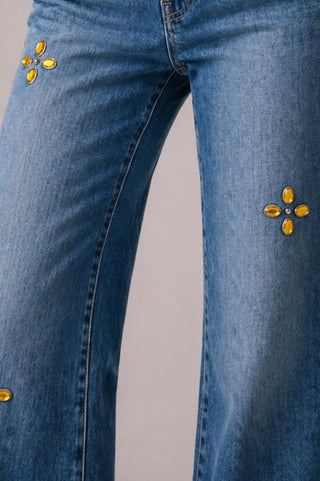 Side profile crystal embellished jeans cuffed hem low rise GJG Denim USA