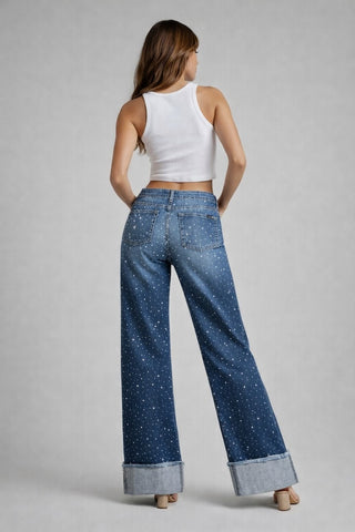 Close detail full rhinestone coverage wide leg jeans GJG Denim hand-set LA