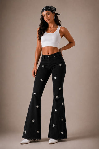 Luna black low rise flare jeans rhinestone star studs bell flare frayed hem LA
