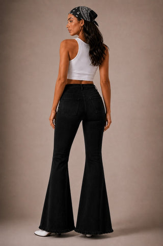 Close detail rhinestone star studs black flare jeans GJG Denim full surface scatter