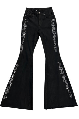Flat lay rhinestone bell bottom jeans scrollwork both legs hip to hem GJG Denim