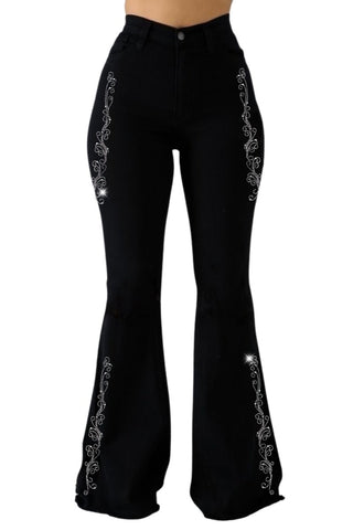 Loretta rhinestone bell bottom jeans side profile, black denim scroll running down full leg frayed hem
