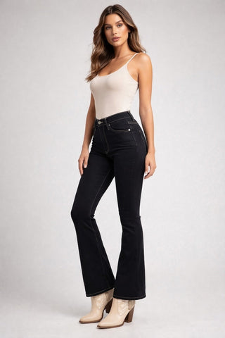 Front view black bootcut jeans high rise waistband sculpting hip thigh GJG Denim