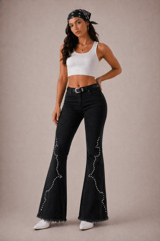 Carmen black bell bottom jeans LA dye house custom black Tencel cotton dramatic flare
