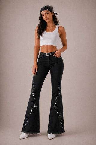 Front view black bell bottom jeans fitted hip thigh dramatic flare GJG Denim LA