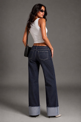 Front view dark indigo wide leg jeans silver stud scatter GJG Denim LA