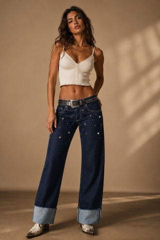 Sierra dark blue wide leg jeans scattered silver studs front panel low rise cuffed