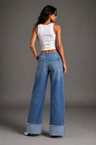 Front view medium blue low rise studded jeans GJG Denim silver scatter LA